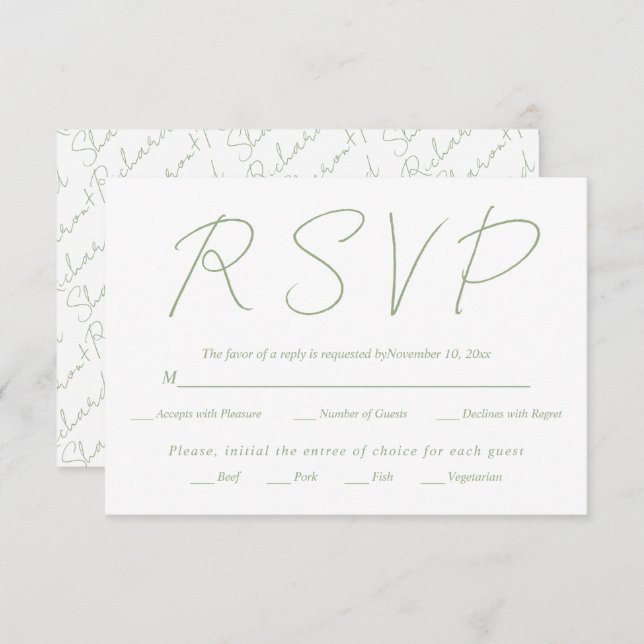Cartão RSVP Casamento verde da caligrafia moderna (Frente/Verso)