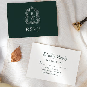 Cartão RSVP Casamento Verde da Floresta do Monograma Crest