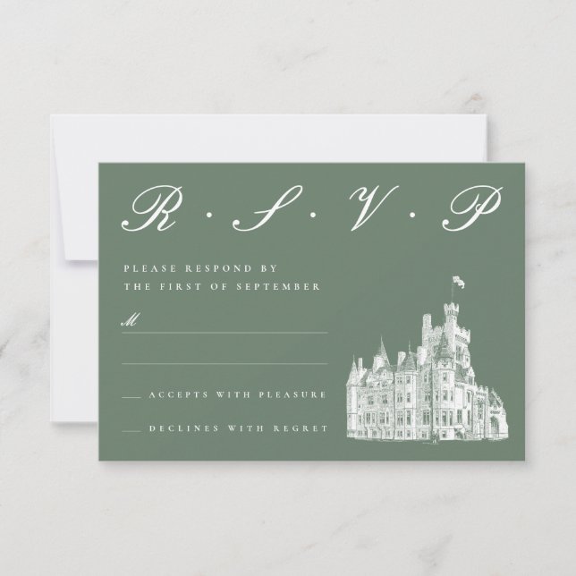 Cartão RSVP Casamento Verde da Ilustração do Castelo Elegante (Frente)