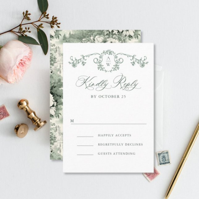 Cartão RSVP Casamento Verde da Ornamentado Vitoriana Grace Flo (Criador carregado)