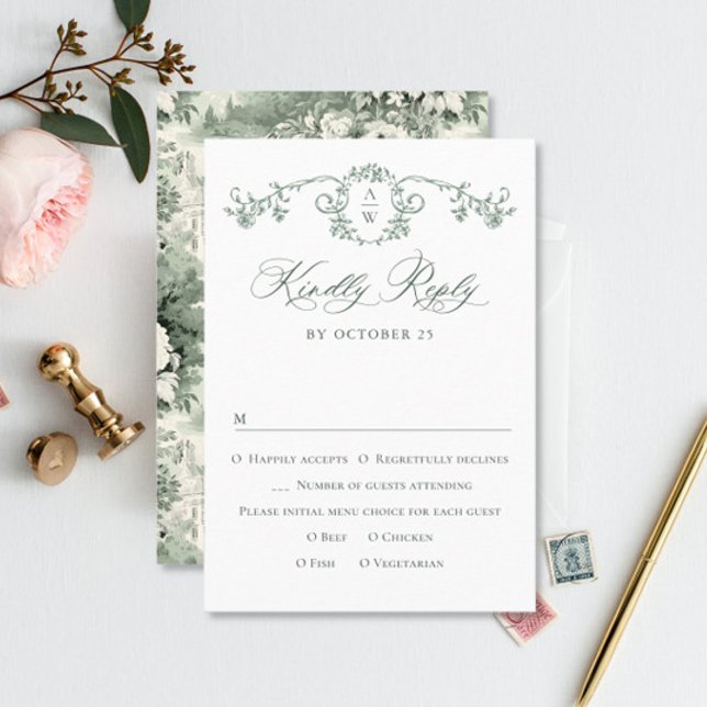 Cartão RSVP Casamento Verde da Ornamentado Vitoriana Grace Flo (Criador carregado)