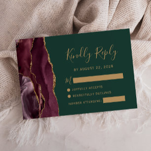 Cartão RSVP Casamento Verde de Agate Emerald, Dourado Burgundy