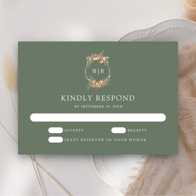 Cartão RSVP Casamento Verde de outono de Crest de Flor Selvage (Criador carregado)