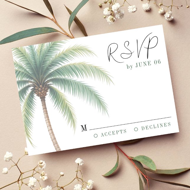 Cartão RSVP Casamento Verde de Palm Tree Tropical Island Water (Palm Tree Tropical Island Watercolor Green Wedding RSVP Card
)