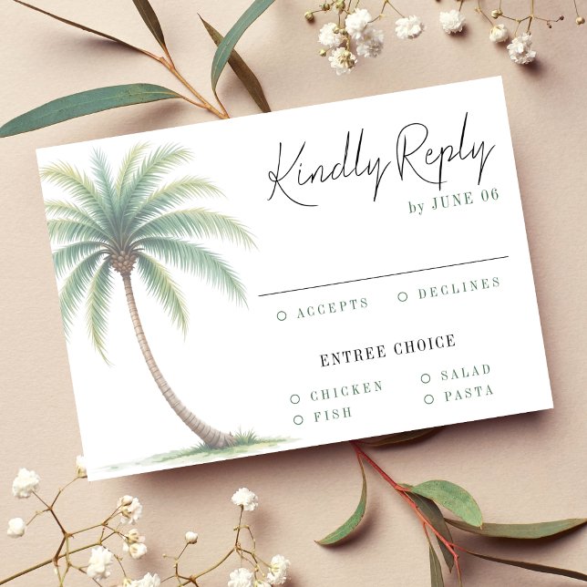 Cartão RSVP Casamento Verde de Palm Tree Tropical Island Water (Palm Tree Tropical Island Watercolor Green Wedding RSVP Card
)