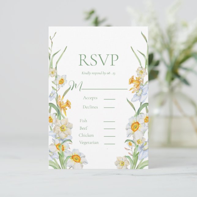 Cartão RSVP Casamento Verde de Quadro Floral de Daffodil Branc (Em pé/Frente)