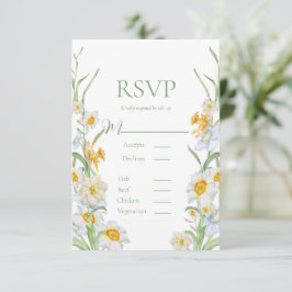 Cartão RSVP Casamento Verde de Quadro Floral de Daffodil Branc