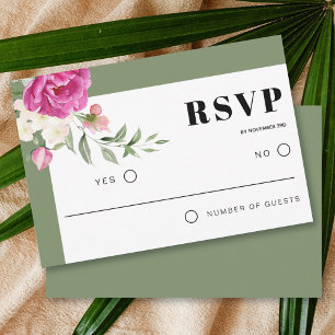 Cartão RSVP Casamento verde de sábado floral, rosa e flores br
