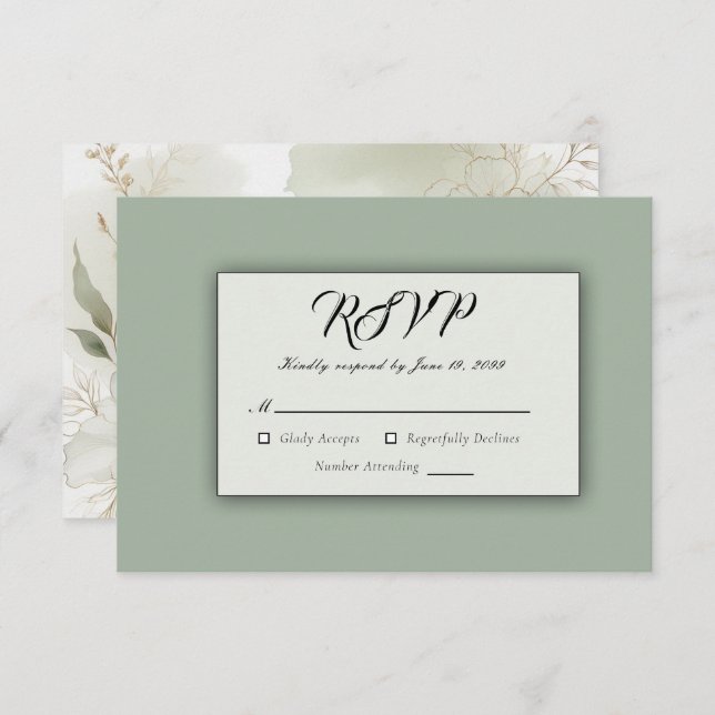 Cartão RSVP Casamento Verde de Sage Floral de Molho (Frente/Verso)