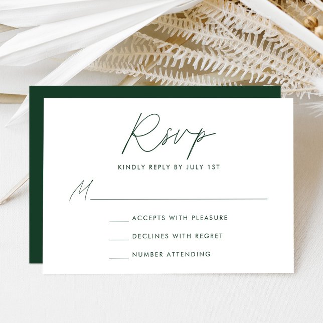 Cartão RSVP Casamento Verde de Script Minimalista Moderno (Criador carregado)