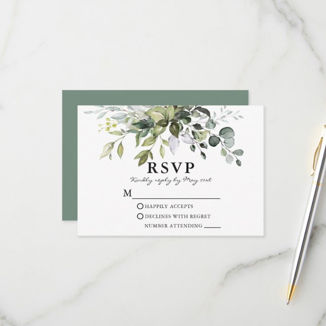Cartão RSVP Casamento Verde de Watercolor Greenery Sage (Frente/Verso In Situ)