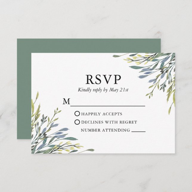 Cartão RSVP Casamento Verde Delicado de Watercolor Greenery Sa (Frente/Verso)