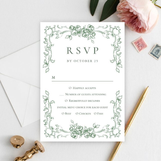 Cartão RSVP Casamento Verde do Ornamentado Floral Sage (Criador carregado)
