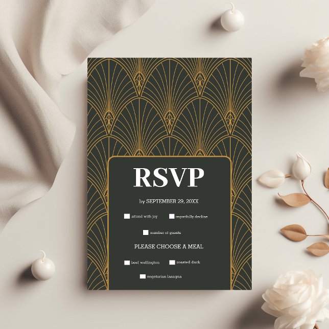 Cartão RSVP Casamento Verde Dourado com Arte Elegante (Criador carregado)