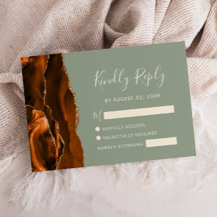 Cartão RSVP Casamento Verde Dourado de Agata Laranja Queimada