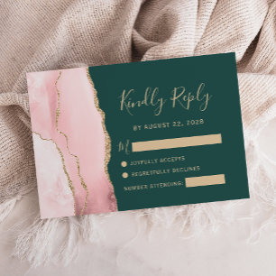 Cartão RSVP Casamento Verde Emerald, Dourado Rosa Esbranquiçad