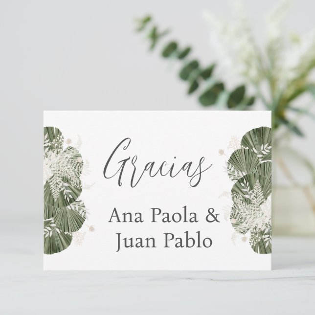 Cartão RSVP Casamento Verde Espanhol Obrigado (Em pé/Frente)