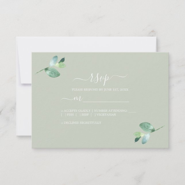 Cartão RSVP Casamento Verde Eucalyptus Foliage - Script Chic (Frente)