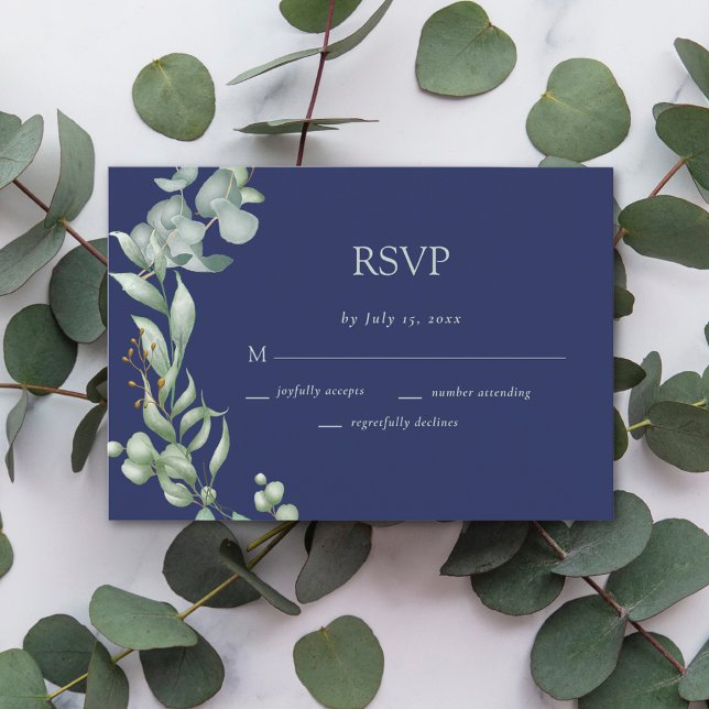 Cartão RSVP Casamento Verde Eucalyptus Greenery marinho (Criador carregado)