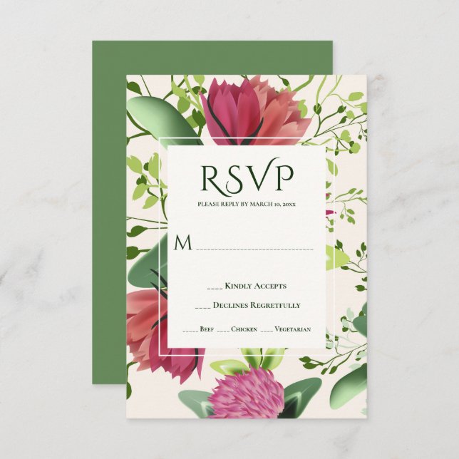 Cartão RSVP Casamento Verde Floral de Véu Rosa e Vermelho (Frente/Verso)