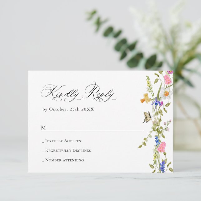 Cartão RSVP Casamento Verde Floral do Jardim Francês Elegante  (Em pé/Frente)