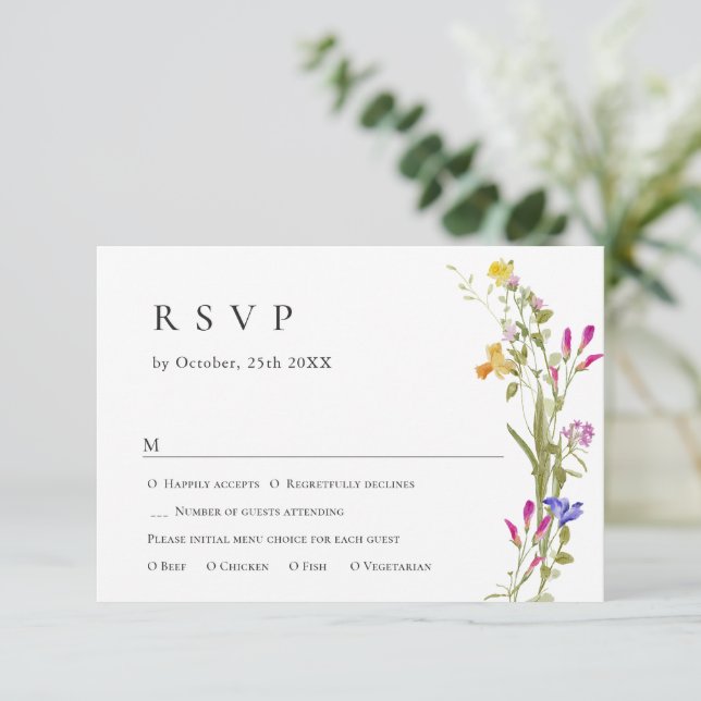 Cartão RSVP Casamento Verde Floral do Jardim Francês Elegante  (Em pé/Frente)