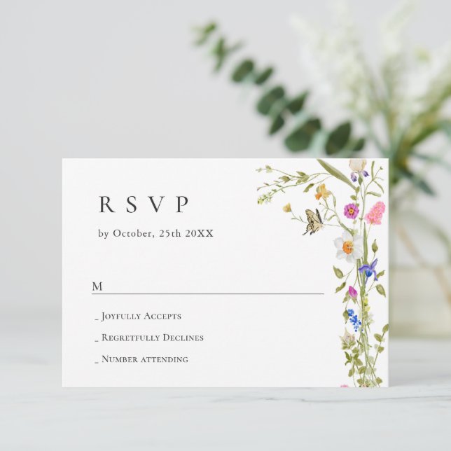 Cartão RSVP Casamento Verde Floral do Jardim Francês Elegante  (Em pé/Frente)
