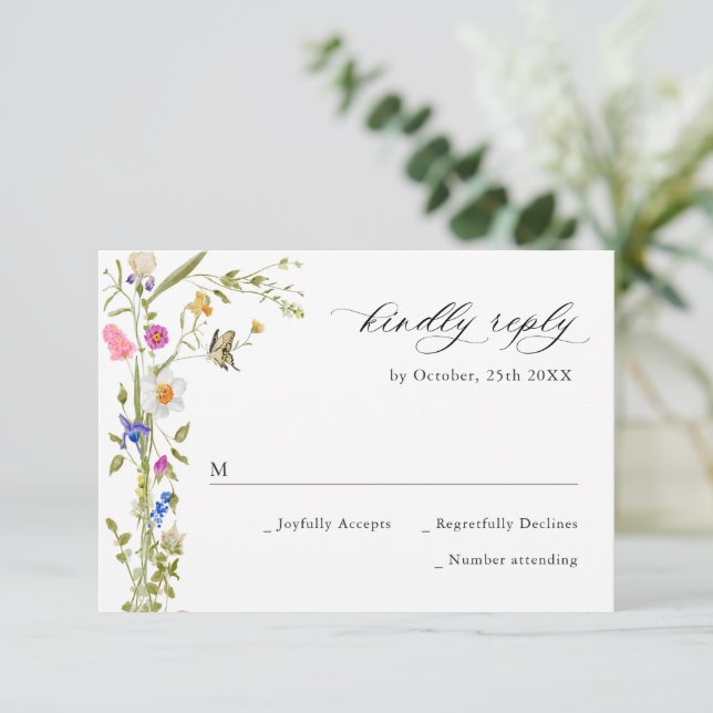 Cartão RSVP Casamento Verde Floral do Jardim Francês Elegante  (Em pé/Frente)