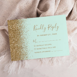 Cartão RSVP Casamento Verde Menta Brilho Dourado Moderno