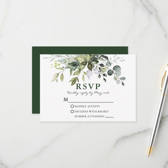 Cartão RSVP Casamento Verde Moderno Elegante (Frente/Verso In Situ)
