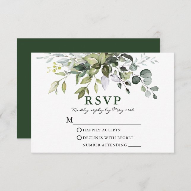 Cartão RSVP Casamento Verde Moderno Elegante (Frente/Verso)