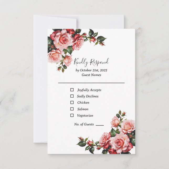 Cartão RSVP Casamento verde-rosa-escuro e rosa vermelha (Frente)