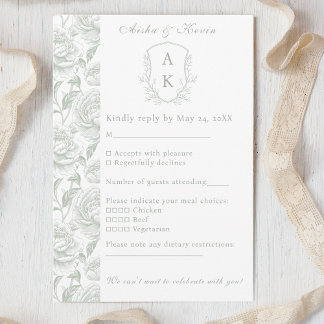 Cartão RSVP Casamento Verde Sage do Crest Monograma