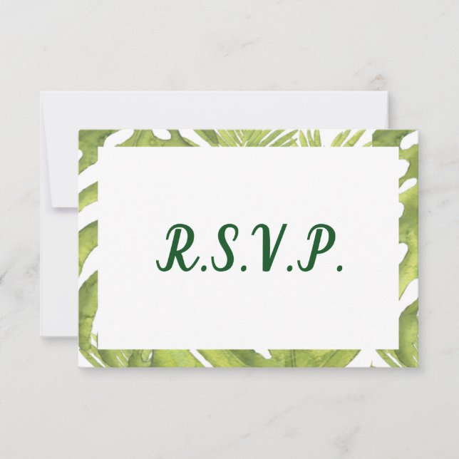 Cartão RSVP Casamento Verde Tropical e Branco (Frente)