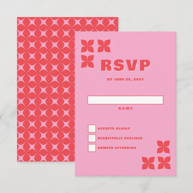 Cartão RSVP Casamento Vermelho Cor-de-Rosa 70 (Frente/Verso)