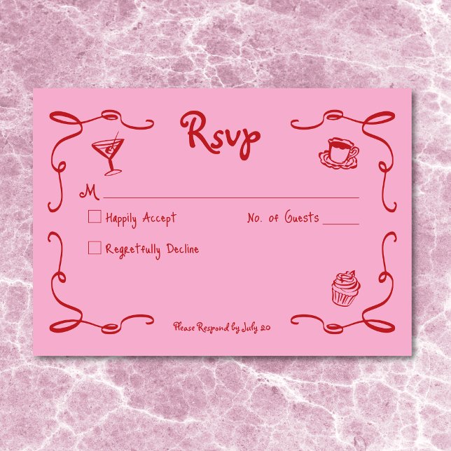 Cartão RSVP Casamento Vermelho Cor-de-rosa Retrato Whimsical (Whimsical Retro Hand Drawn Pink Red Wedding RSVP Card)