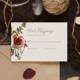 Cartão RSVP Casamento Vermelho Floral de Queda Romântica Elega