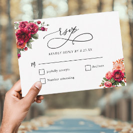 Cartão RSVP Casamento vermelho-quic, floral e dourado falso