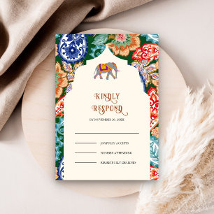 Cartão RSVP Casamento Vibrante de Elefantes Folk Indianos