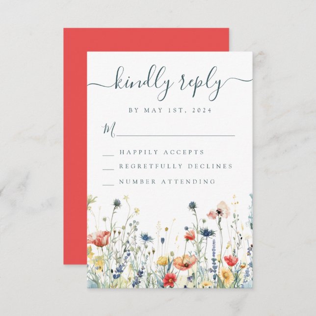 Cartão RSVP Casamento Vibrante de Flores Selvagens (Frente/Verso)
