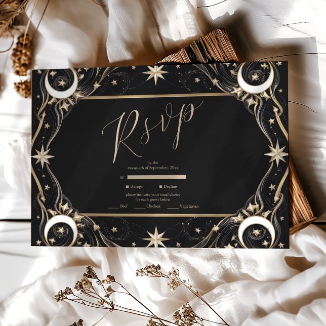 Cartão RSVP Casamento Vintage Celestial Lua Estrelas (Criador carregado)