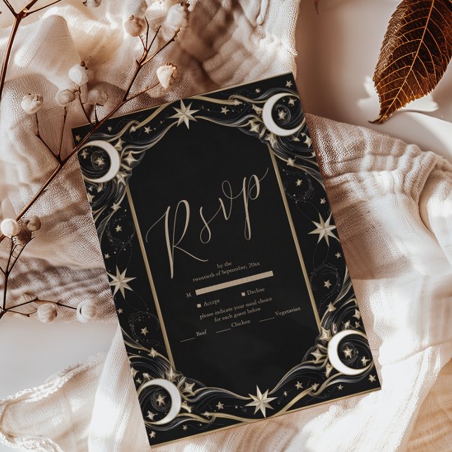 Cartão RSVP Casamento Vintage Celestial Lua Estrelas (Criador carregado)