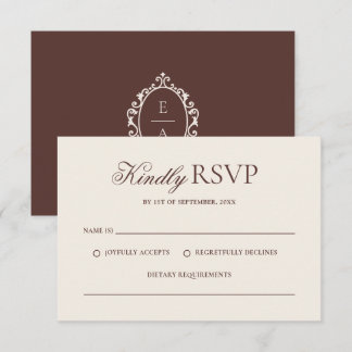 Cartão RSVP Casamento Vintage Crest Espresso Marrom Old Money