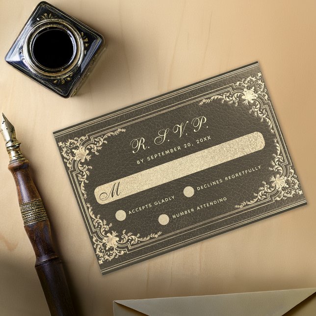 Cartão RSVP Casamento Vintage Preto Dourado Elegante Caligrafi (Criador carregado)