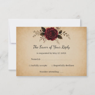 Cartão RSVP Casamento Vintage Preto Rosa Vermelho Borgonha