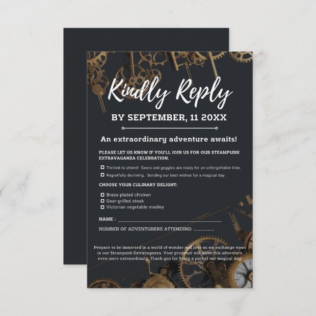 Cartão RSVP Casamento Vintage Steampunk Extravaganza (Frente/Verso)
