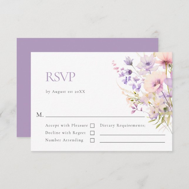 Cartão RSVP Casamento violeta com Lavanda de flores selvagens  (Frente/Verso)