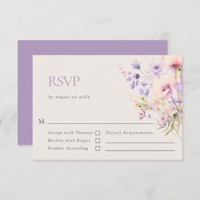 Cartão RSVP Casamento violeta com Lavanda de flores selvagens  (Frente/Verso)