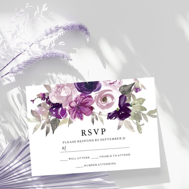 Cartão RSVP Casamento Violeta Violeta Floral Por Aquarela (Criador carregado)