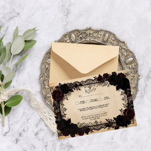 Cartão RSVP Casamento Vitoriano de Luxo com Renda Preta e Roma
